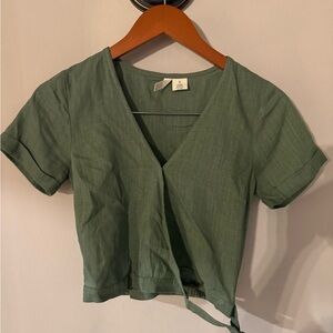 Sky and Sparrow Green Linen Blend Wrap Crop Top XS